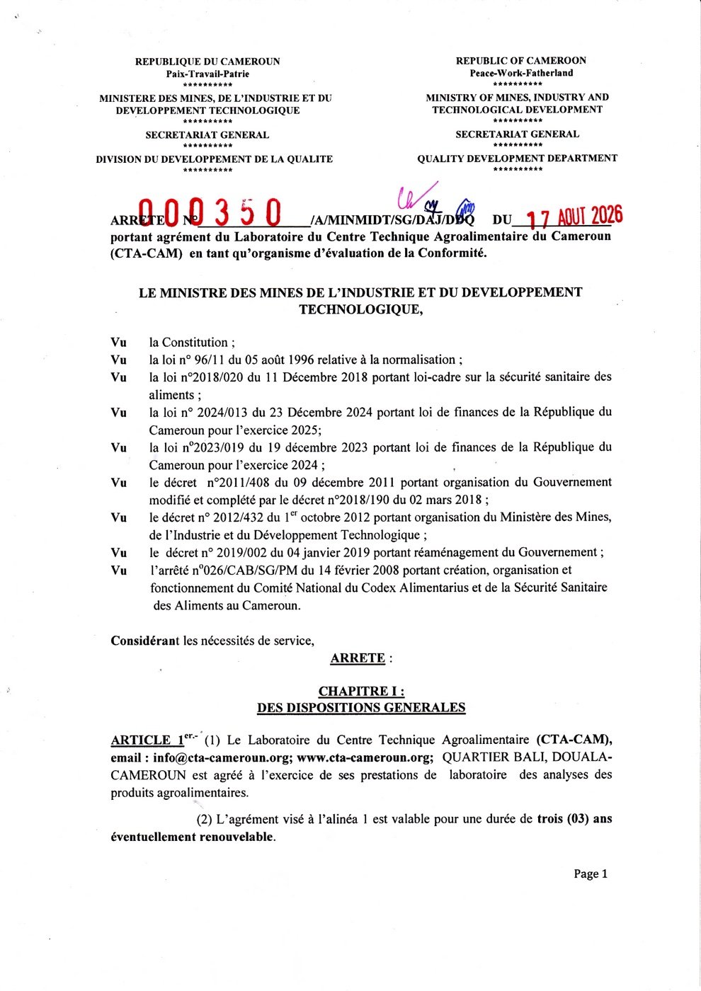 Arrêté n°000350/A/MINMIDT/SG/DAJ/DDQ portant agrément du Laboratoire du CTA-CAM — page 1 sur 3