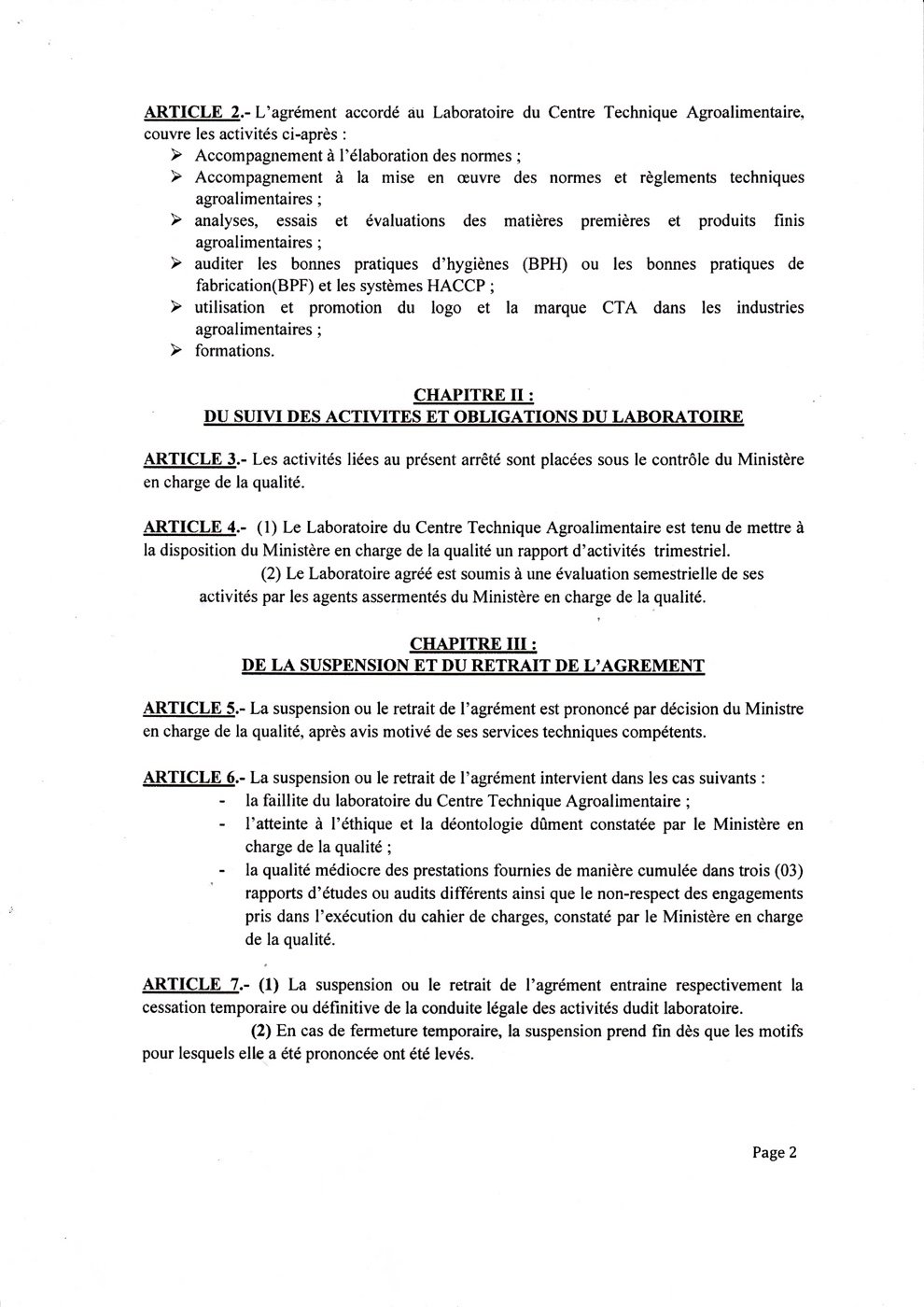 Arrêté n°000350/A/MINMIDT/SG/DAJ/DDQ portant agrément du Laboratoire du CTA-CAM — page 2 sur 3