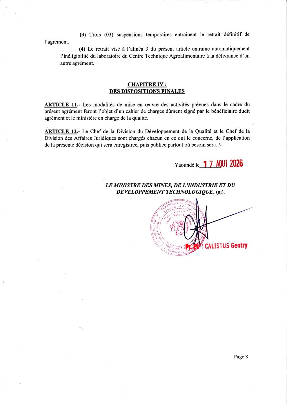 Arrêté n°000350/A/MINMIDT/SG/DAJ/DDQ portant agrément du Laboratoire du CTA-CAM — page 3 sur 3